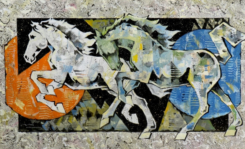 'Horse Series 304' animals acrylic painting by artist Devidas Dharmadhikari, 36x60 inch, on canvas