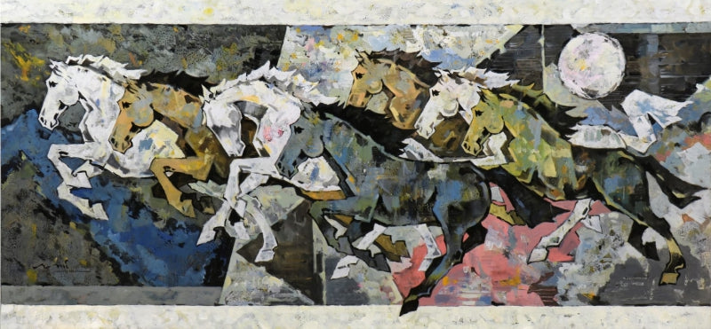'Horse Series 315' animals acrylic painting by artist Devidas Dharmadhikari, 48x102 inch, on canvas