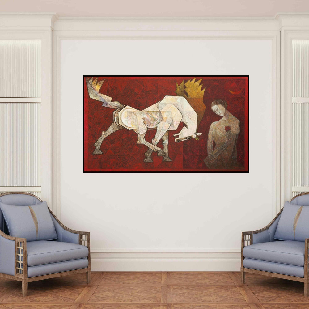 'Horse Waiting' painting by Dinkar Jadhav shown on a wall in a furnished room.