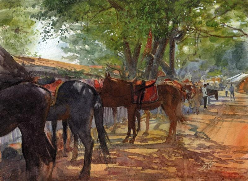 Animals watercolor painting titled 'Horses', 10x14 inches, by artist Madan Mane on Paper