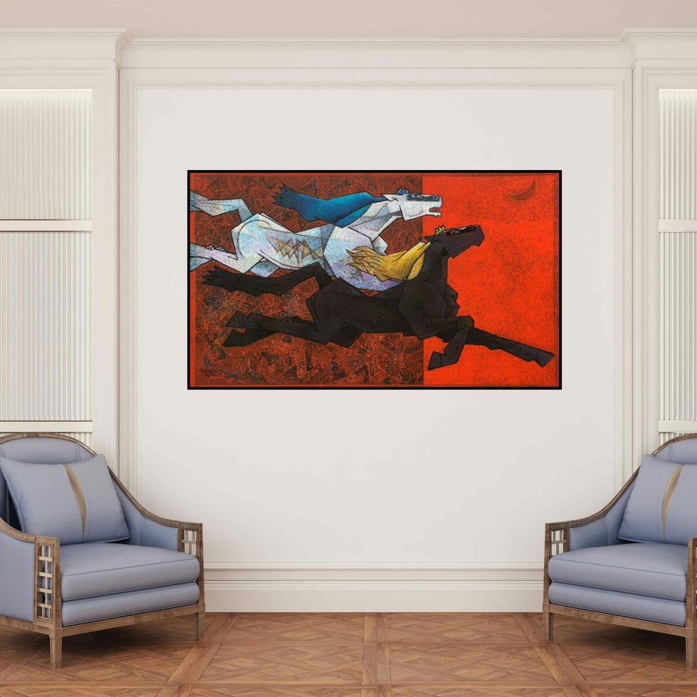 'Horses 5' painting by Dinkar Jadhav shown on a wall in a furnished room.