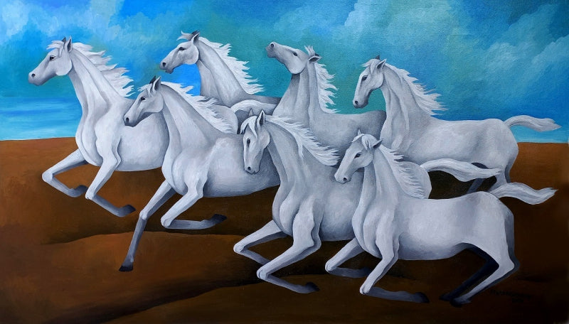 Horses In August' animals acrylic painting by artist Ranjith Raghupathy, 30x48 inch, on canvas