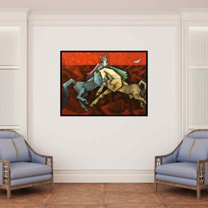 In-situ view of Dinkar Jadhav's 'Horses Dancing Under The Moon 2' painting in a room