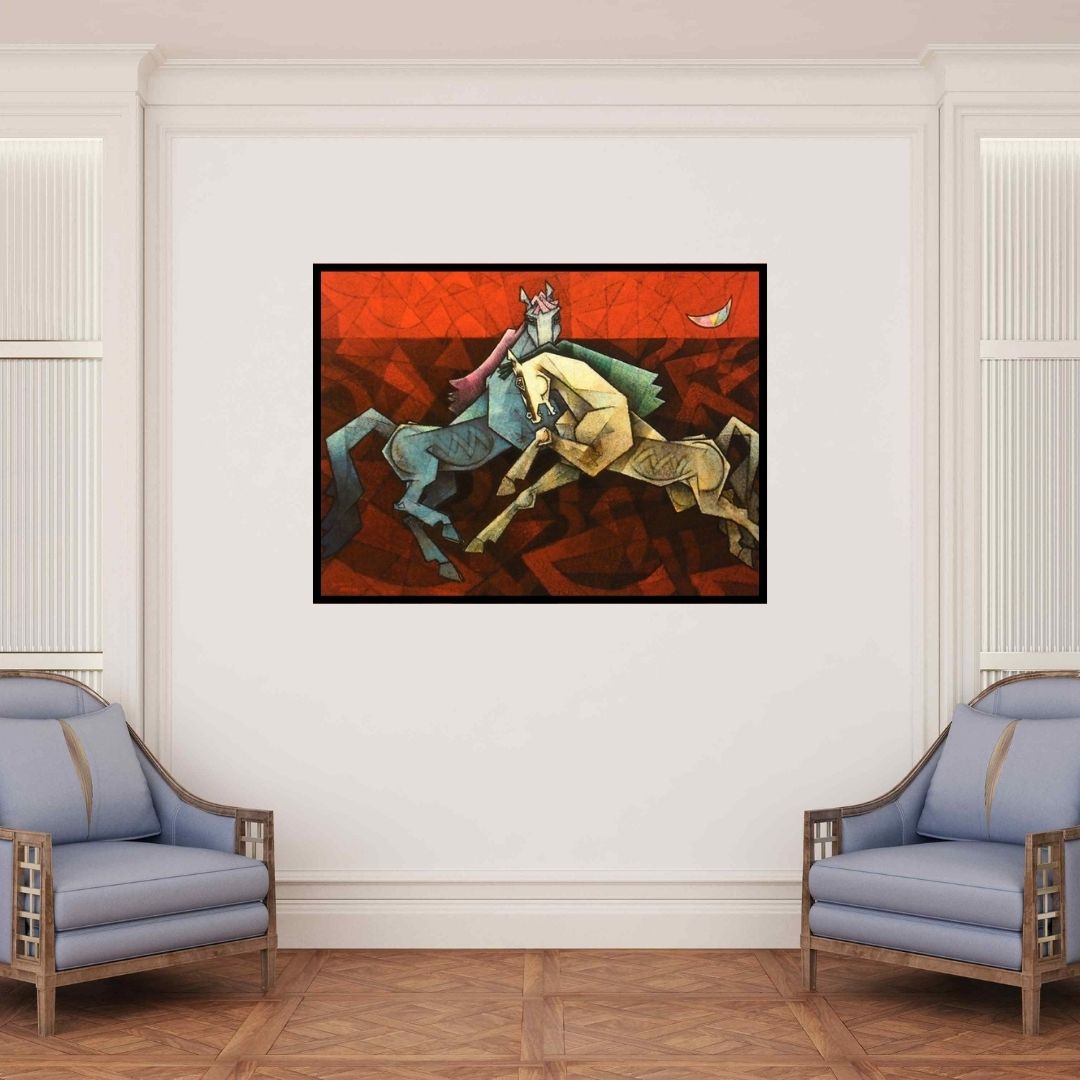In-situ view of Dinkar Jadhav's 'Horses Dancing Under The Moon 2' painting in a room