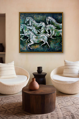 Horses In March 2 (Emerald Gallop) by artist Ranjith Raghupathy displayed in a Boutique gallery
