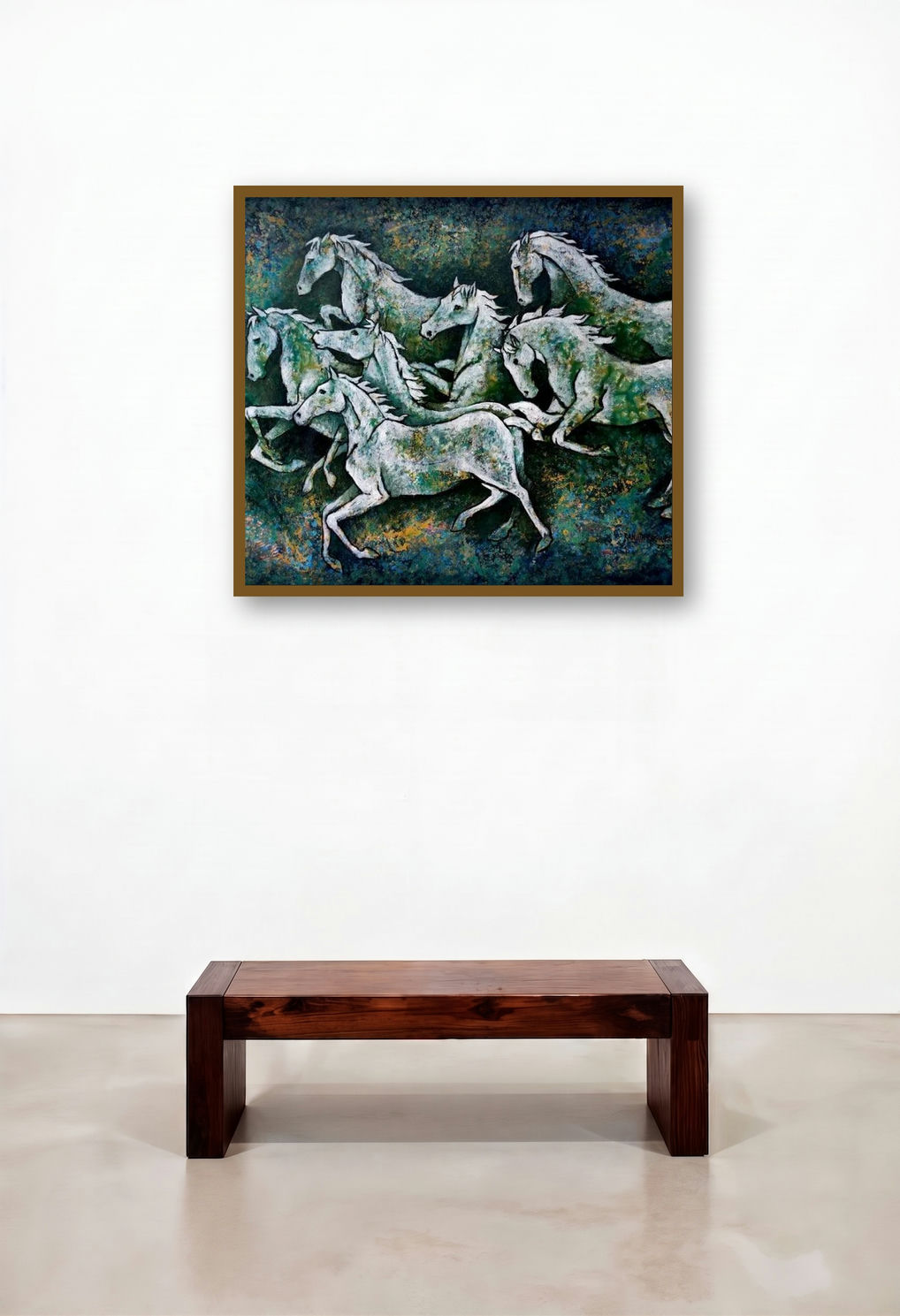 Horses In March 2 (Emerald Gallop) by artist Ranjith Raghupathy displayed in a Elegant Lounge