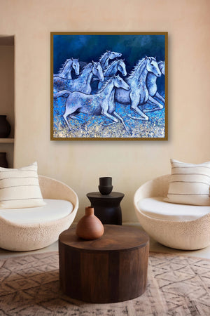 Horses In March (Midnight Gallop) by artist Ranjith Raghupathy displayed in a Contemporary Exhibition gallery