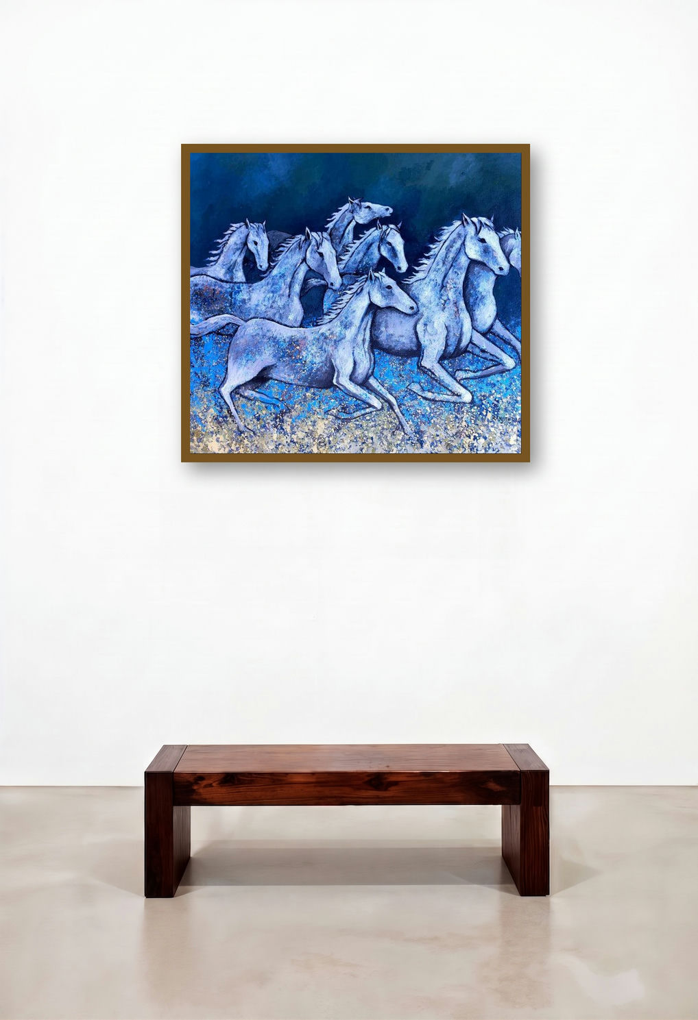 Horses In March (Midnight Gallop) by artist Ranjith Raghupathy displayed in a Industrial Hotel Suite