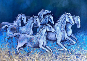 Horses In March (Midnight Gallop) by Ranjith Raghupathy, Original Acrylic Animal Painting on Canvas, Medium Horizontal Wall Art