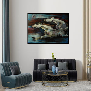 Preview of 'Horses Power Of Speed' Painting by Dinkar Jadhav shown on a wall in a furnished room.