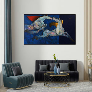 Dinkar Jadhav's 'Horses Seize The Day' painting visualized above a sofa in a contemporary room.