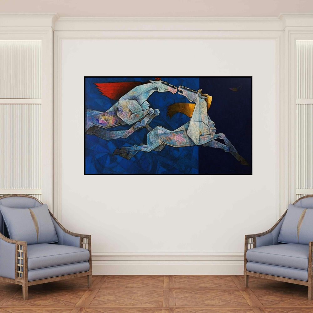 'Horses Seize The Day' painting by Dinkar Jadhav shown on a wall in a furnished room.