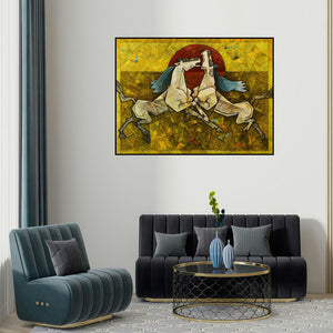 Dinkar Jadhav's 'Horses Silsila The Paradox' painting visualized above a sofa in a contemporary room.
