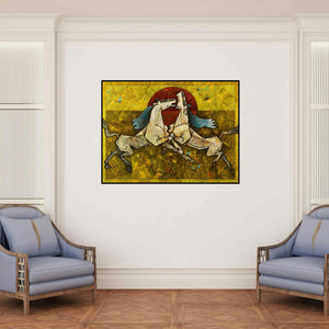 'Horses Silsila The Paradox' painting by Dinkar Jadhav shown on a wall in a furnished room.