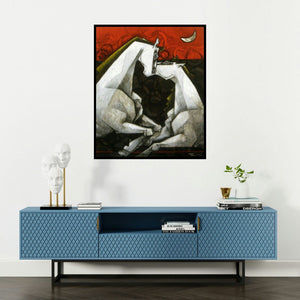 Dinkar Jadhav's 'Horses Waltzing In The Dream Vi' painting visualized above a sofa in a contemporary room.