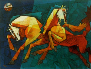 Animals acrylic painting titled 'Horses Waltzing In The Sky', 48x36 inches, by artist Dinkar Jadhav on Canvas