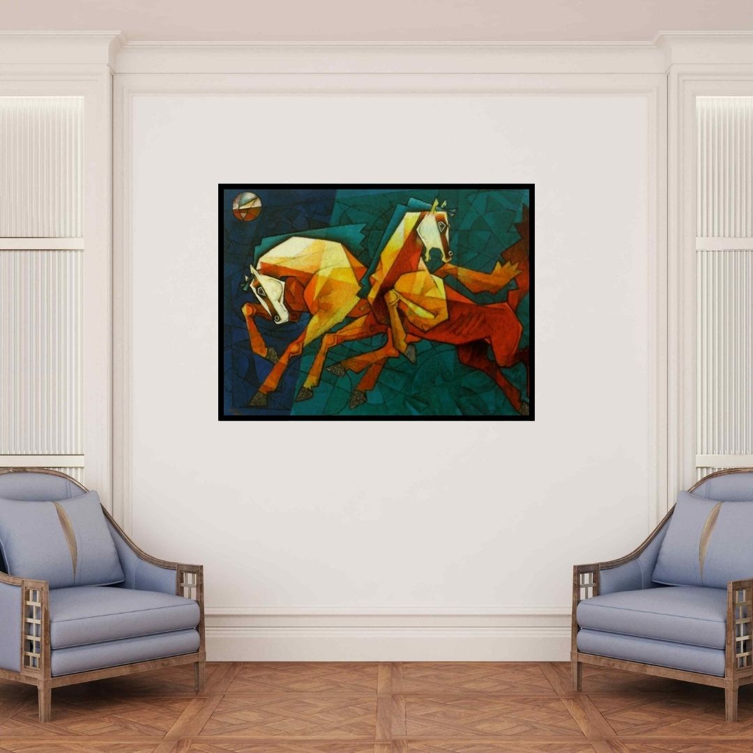 In-situ view of Dinkar Jadhav's 'Horses Waltzing In The Sky' painting in a room
