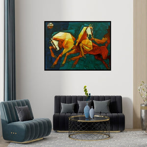 Preview of 'Horses Waltzing In The Sky' Painting by Dinkar Jadhav shown on a wall in a furnished room.