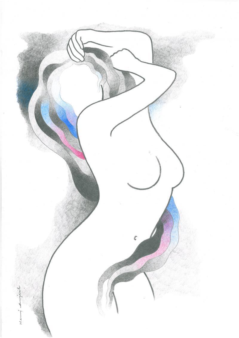 Nude pencil drawing titled 'Hot and steamy girl', 16x12 inches, by artist Manoj Gujral on Canvas
