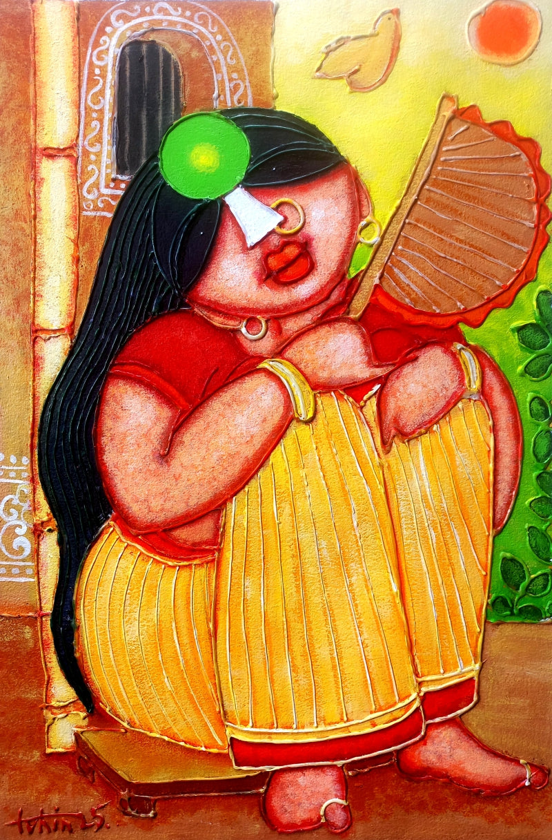 'Hot Summer Noon' figurative acrylic painting by artist Tuhin Rakshit, 22x15 inch, on acid free paper