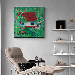 Murali Nagapuzha's painting 'House (A Verdant Retreat)' displayed in a modern living room setting