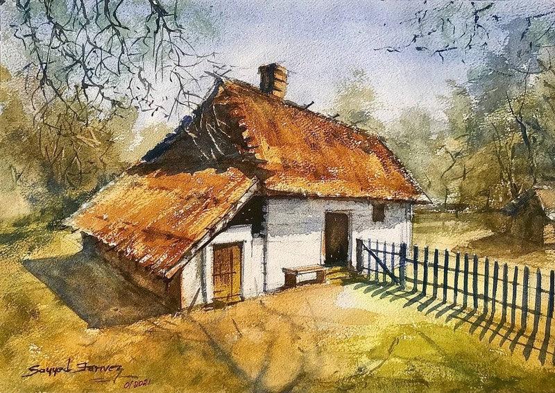Landscape watercolor painting titled 'House', 10x14 inches, by artist KS Farvez on Paper