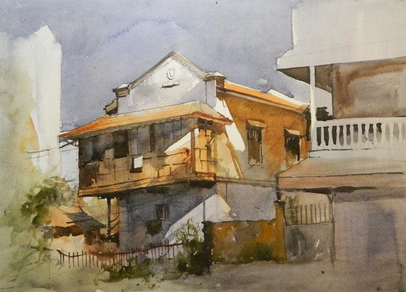 Cityscape watercolor painting titled 'House at Dhantoli', 14x20 inches, by artist Bijay Biswaal on Paper