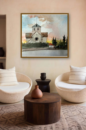 House In Bourgogne France (Twilight at the Chapel) by artist Arunava Ray displayed in a Museum Style gallery
