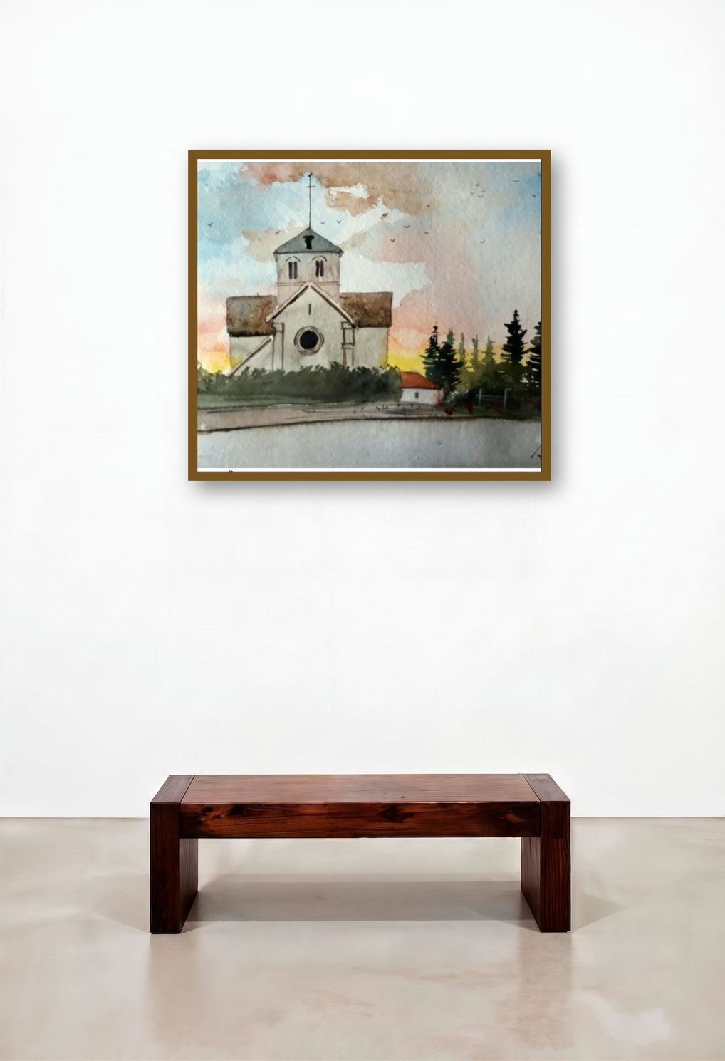 House In Bourgogne France (Twilight at the Chapel) by artist Arunava Ray displayed in a Scandinavian Reception Area