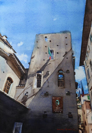 House Of Dante (Tuscan Shadows) by Dr Uday Bhan, Original Watercolor Cityscape Painting on Paper, Small Vertical Wall Art