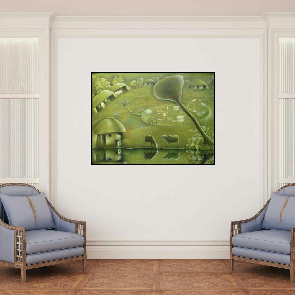 'House By The River' painting by Subash Pal shown on a wall in a furnished room.