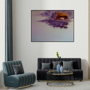 Narayan Shelke's 'House By The River (Riverside Reverie: A Moment of Peace)' painting visualized above a sofa in a contemporary room.