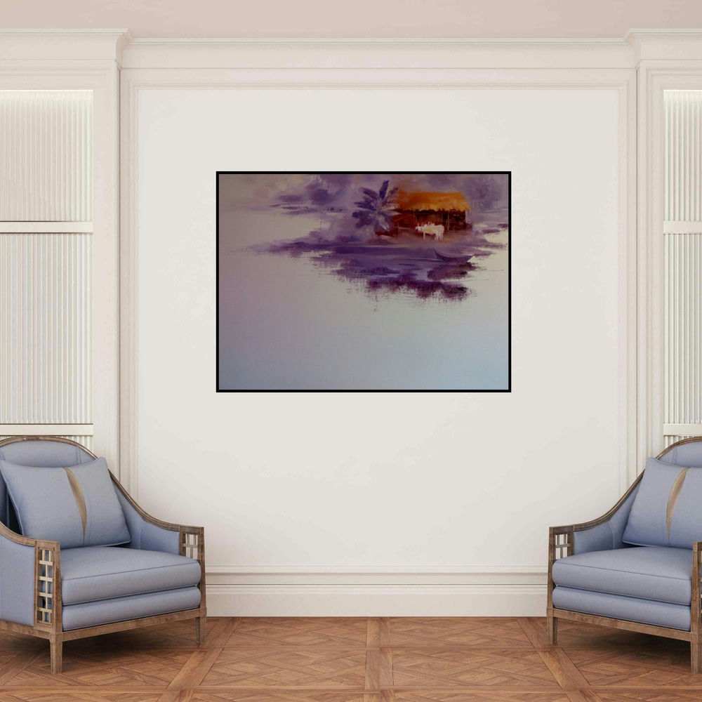'House By The River (Riverside Reverie: A Moment of Peace)' painting by Narayan Shelke shown on a wall in a furnished room.