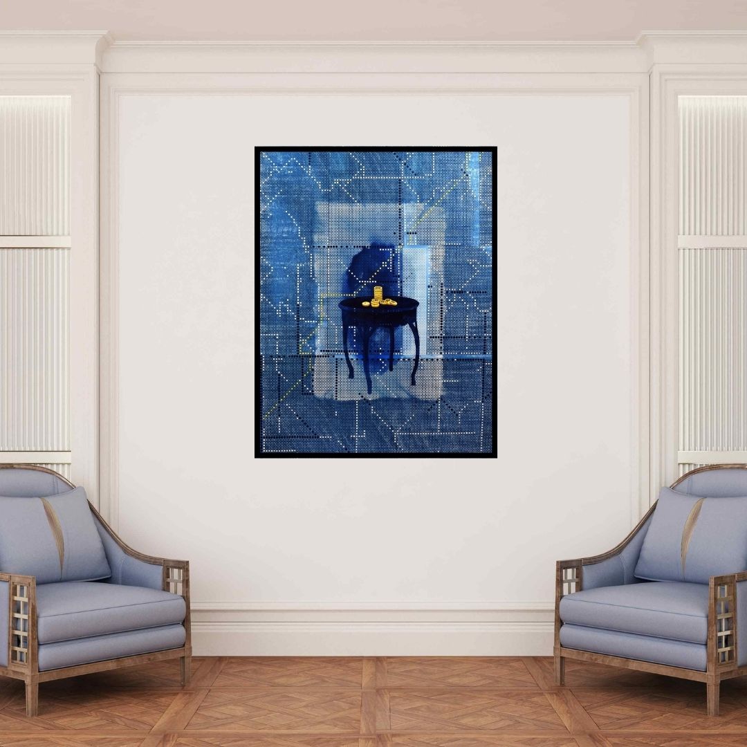 In-situ view of T Raju Gopalarao's 'How Often Do You Stay (Blueprint Table)' painting in a room