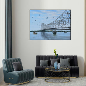 Purnendu Mandal's 'Howrah Bridge (Majestic Howrah)' painting visualized above a sofa in a contemporary room.