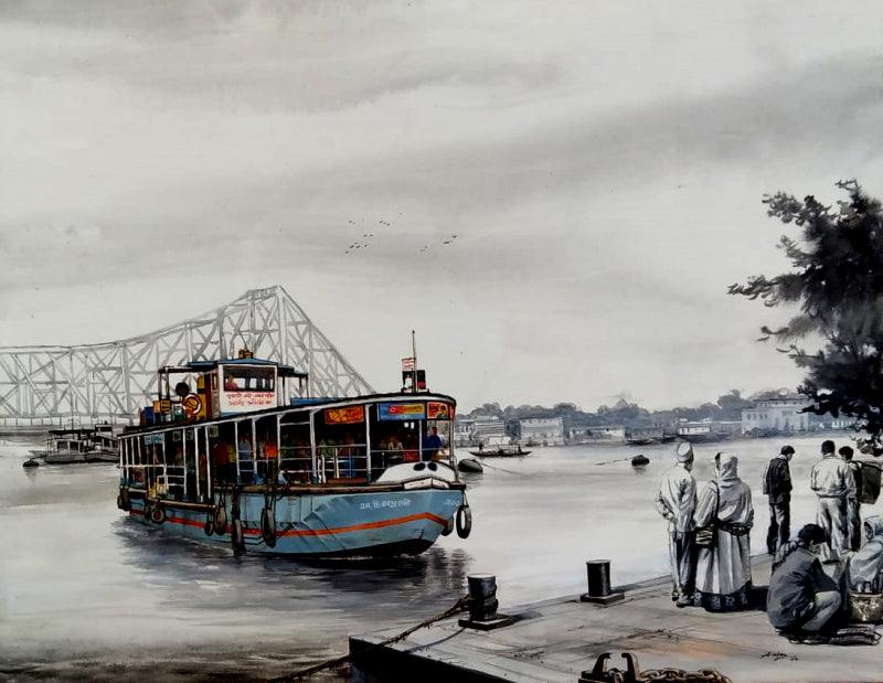 Cityscape acrylic painting titled 'Howrah Bridge In Kolkata', 16x20 inches, by artist Amlan Dutta on Canvas