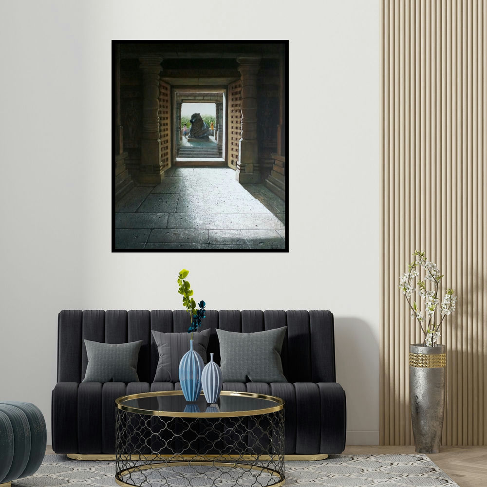 'Hoysaleswara Temple (Hoysaleswara Temple, Halebidu)' painting by Pravin Pasare shown on a wall in a furnished room.