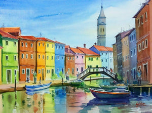 Hues In Queues by Gulshan Achari, Original Watercolor Cityscape Painting on Paper, Small Horizontal Wall Art