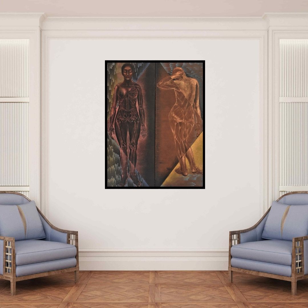 In-situ view of Sumana Nath De's 'Human Composition (Inner and Outer)' painting in a room