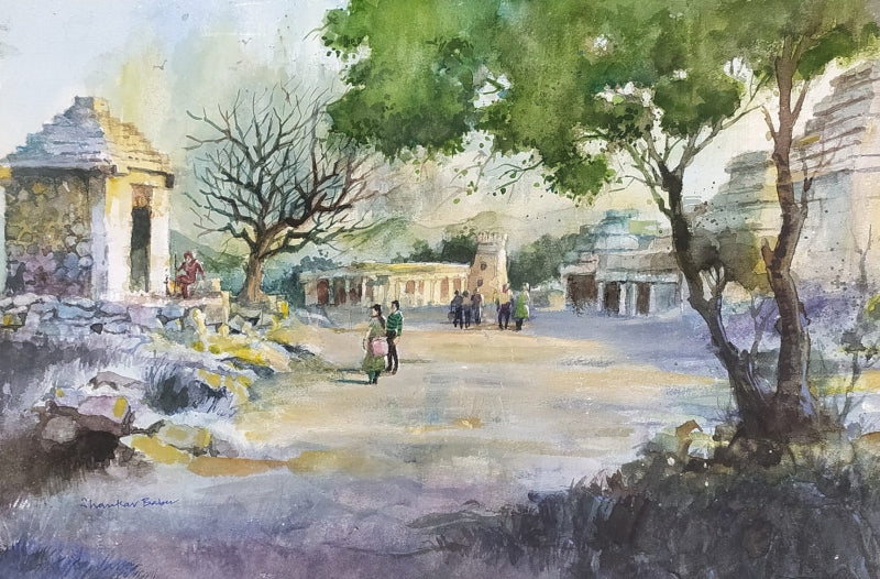 Humpi Hemakuta Hill' religious watercolor painting by artist Sankara Babu, 11x17 inch, on paper