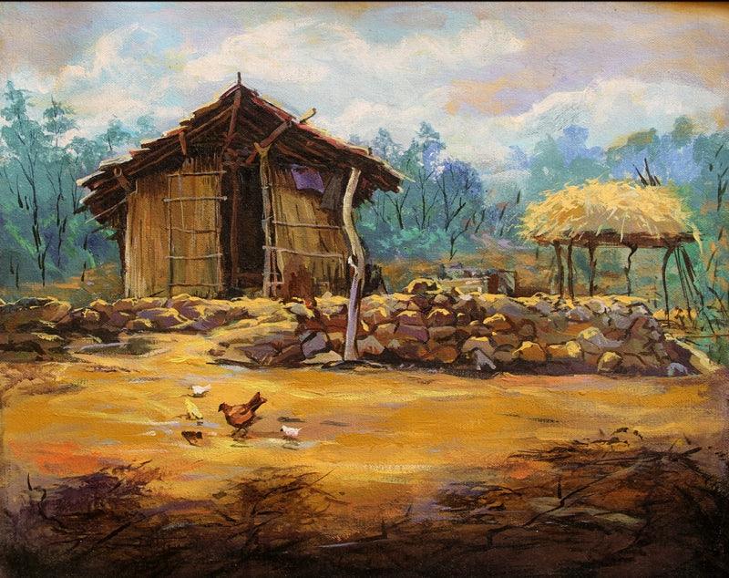 Landscape acrylic painting titled 'Hut 3', 16x19 inches, by artist Chandrashekhar P Aher on Canvas Board