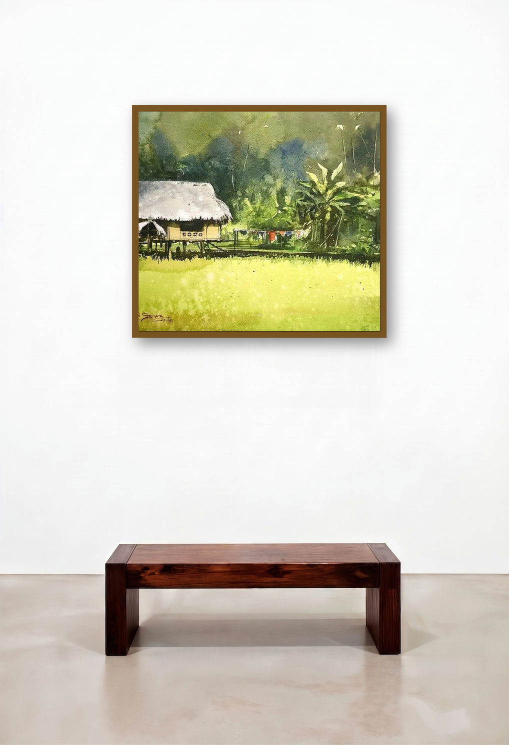 Hut In Wood (Rural Serenity) by artist Ks Farvez displayed in a Traditional Lounge
