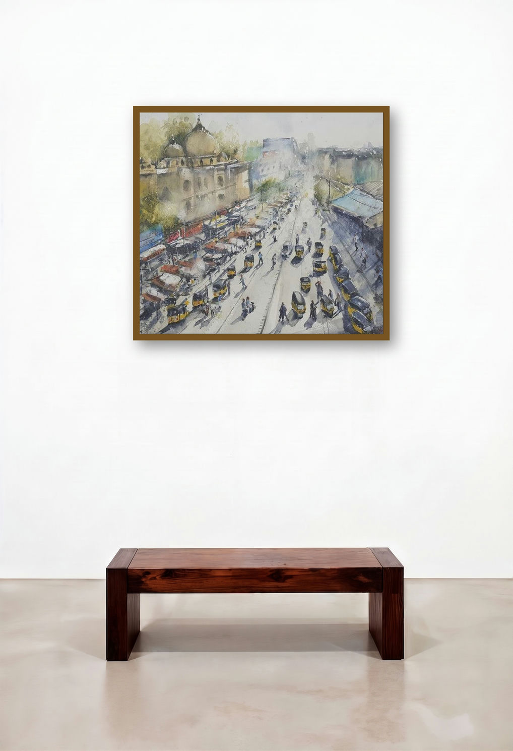 Hyderabad Panoramic View (Hyderabad Streetscape) by artist Mrutyunjaya Dash displayed in a Designer Living Room