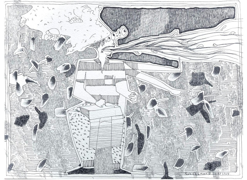 I Cant Stop' contemporary pen-ink drawing by artist Pavan Kumar D, 9x13 inch, on paper