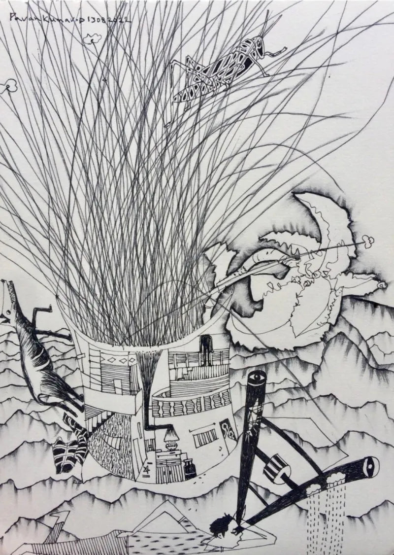 contemporary pen-ink drawing titled 'I Have Two Eyes', 11x9 inch, by artist Pavan Kumar D on Paper