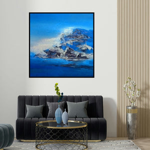 Dnyaneshwar Dhavale's 'Iceberg' painting visualized above a sofa in a contemporary room.