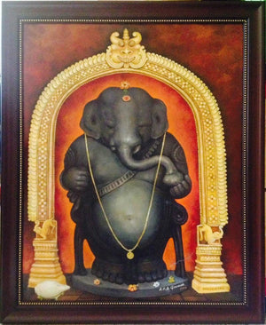 Idagunji Ganapati (Lord Ganesha of Idagunji) by B S B Goudar, Original Oil Religious Painting on Canvas, Medium Vertical Wall Art