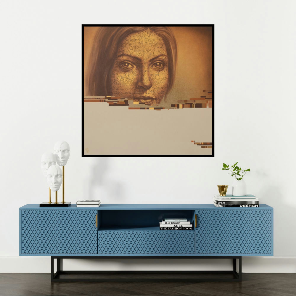 'The Identity 1 (Fragmented Identity)' painting by Nilesh Vede shown on a wall in a furnished room.