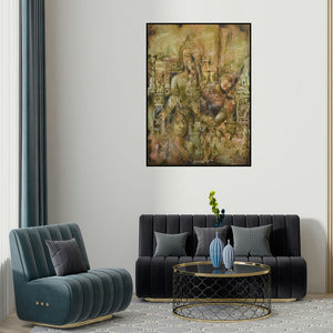 Durshit Bhaskar's 'Idols (Ancient Memories)' painting visualized above a sofa in a contemporary room.