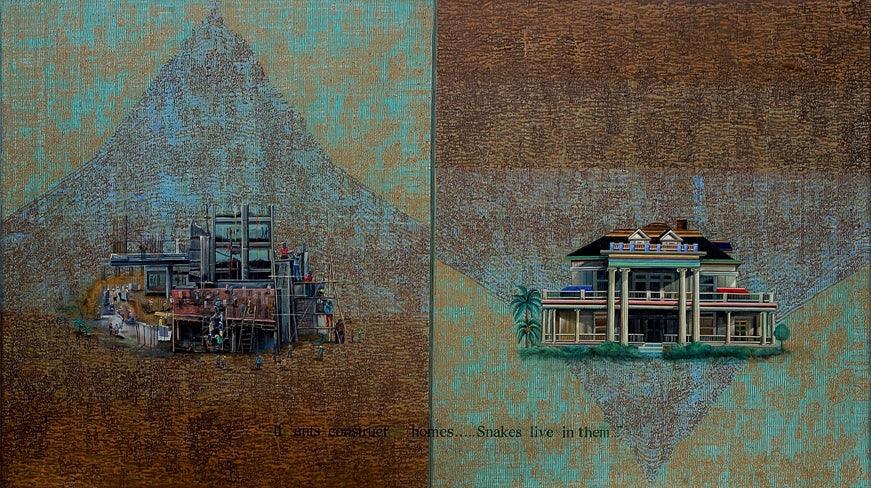 Landscape oil painting titled 'If Ants Construct Homes', 54x96 inches, by artist Balaji Ponna on Canvas